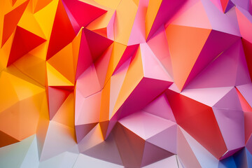 Obraz premium Abstract geometric pattern with vibrant triangular shapes in shades of orange, pink, and red, creating a dynamic and three-dimensional effect