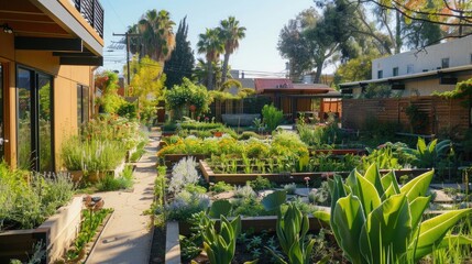 A scenic urban garden with water-efficient irrigation systems and native plant species.