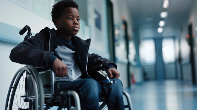 A little saddened black disabled boy in a wheelchair is sitting in the hospital corridor. He looks upset and lonely - Powered by Adobe