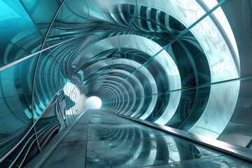 Naklejka premium Futuristic tunnel architecture with blue glass and reflective surfaces leading to bright light. Concepts. future, technology, design, architecture, perspective