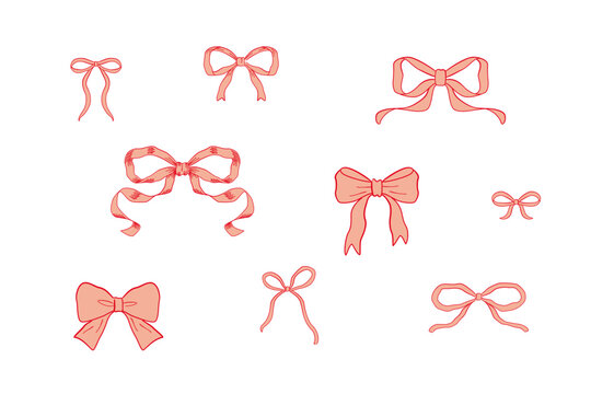 Pink vintage bows illustration set, Hand drawn ribbons design elements.