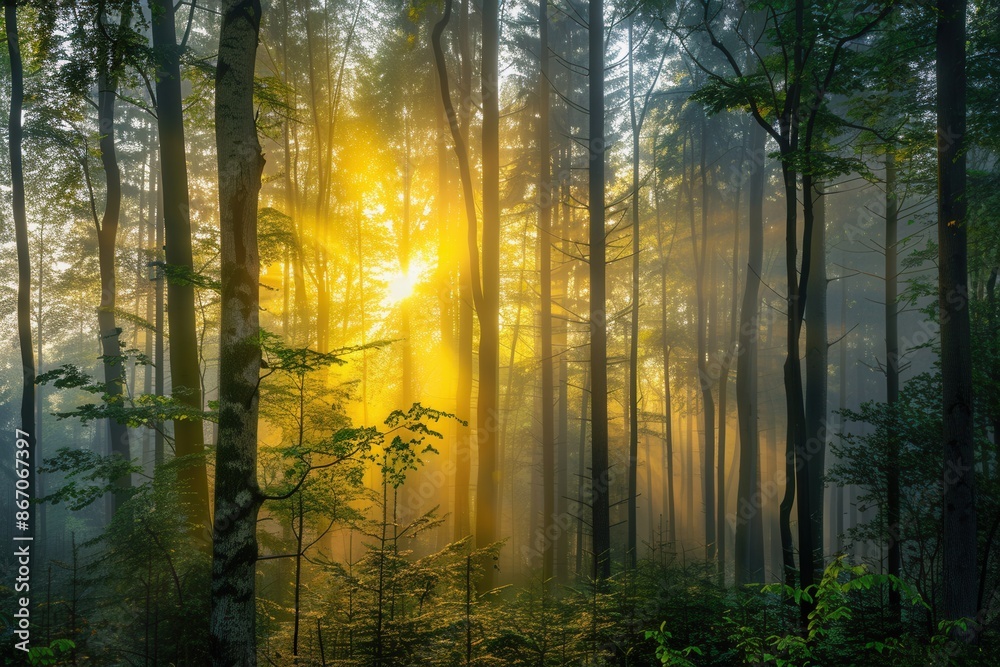 Poster A serene forest scene at dawn with golden sunlight filtering through the trees, creating a mystical atmosphere. Generative AI