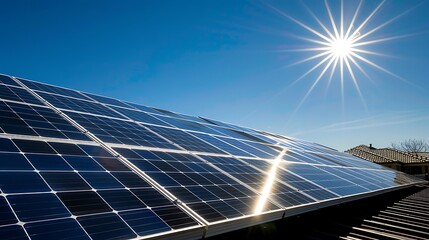 Renewable Energy in Suburbia: Solar Panels Glowing Under Clear Blue Sky