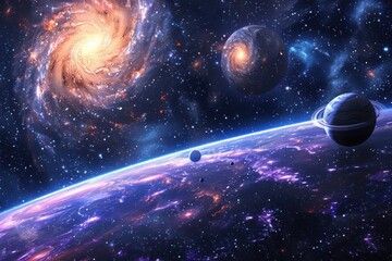 Obraz premium Spectacular view of planets, stars, and galaxies. Colorful nebula in outer space. Concept of astronomy, space travel, and the universe.