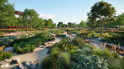 A scenic urban park with natural cooling systems and an abundance of native plants.