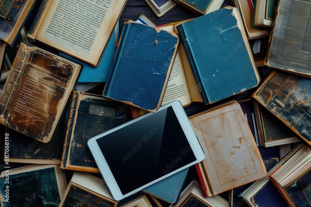 Aufkleber a digital tablet lies atop a pile of old books, representing the shift to digital learning and the e