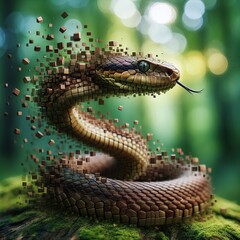 Fototapeta premium a picture of a Snake that looks normal at the front but falls apart in little cubes
