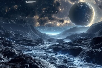 Fototapeta premium Alien Planet Landscape with Spaceships and Galaxies. Breathtaking Sci-Fi Scene