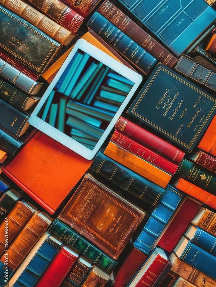 Leinwandbilder A tablet displaying e-books rests atop a stack of traditional books, showcasing the shift toward digital learning. Generative AI