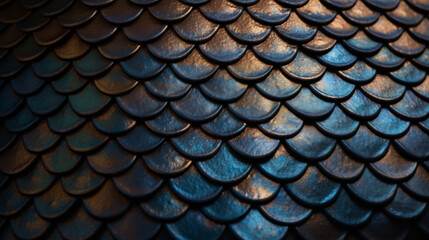 This close-up image reveals the intricate and mesmerizing pattern of fish scales, bathed in iridescent hues of blue and gold.