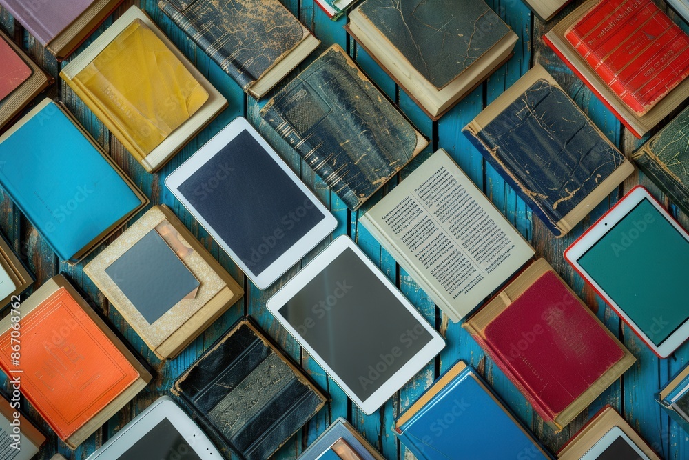 Leinwandbilder a close-up view of e-readers and tablets displaying educational materials on a wooden surface, repre