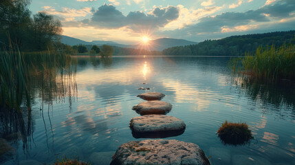 Tranquil sunset over a calm lake with stepping stones leading towards the horizon. Concept of peace, serenity, and finding your path in life.