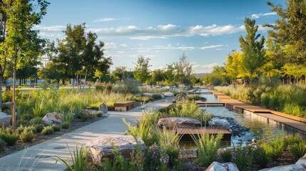 A scenic urban park with water conservation features and native plantings.