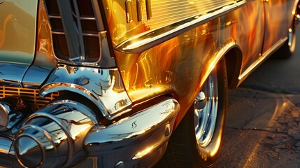 Golden hour light reflecting off a vintage car's chrome bumper