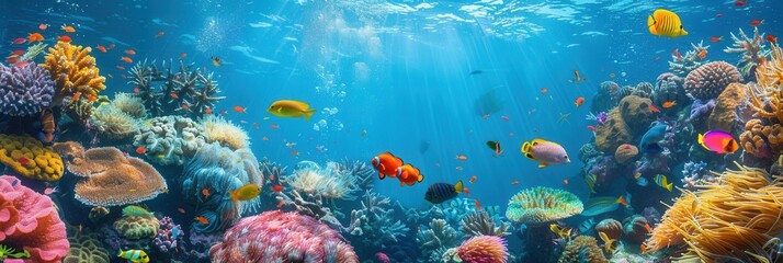 A stunning underwater scene showcasing a healthy coral reef teeming with life, featuring diverse fish species and vibrant coral formations. Generative AI