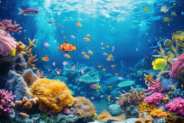 Naklejka premium A colorful underwater scene featuring vibrant coral reefs, tropical fish, and sea creatures. Perfect for diving centers and marine aquariums. Generative AI