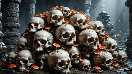 Fototapeta premium Pile of Skulls with Mushrooms in a Stone Dungeon.