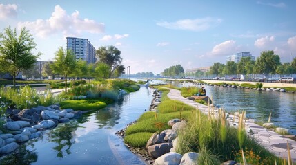 A scenic urban riverbank with green walkways and natural stormwater management systems.