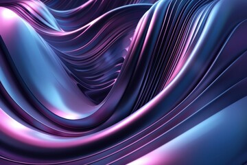 Abstract background of flowing blue and purple metallic waves. Digital art, 3D render. Concept of fluidity, motion, and technology.