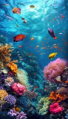 Naklejka premium A stunning underwater image showcasing a vibrant coral reef teeming with colorful fish and sea creatures, ideal for diving centers and marine aquariums. Generative AI