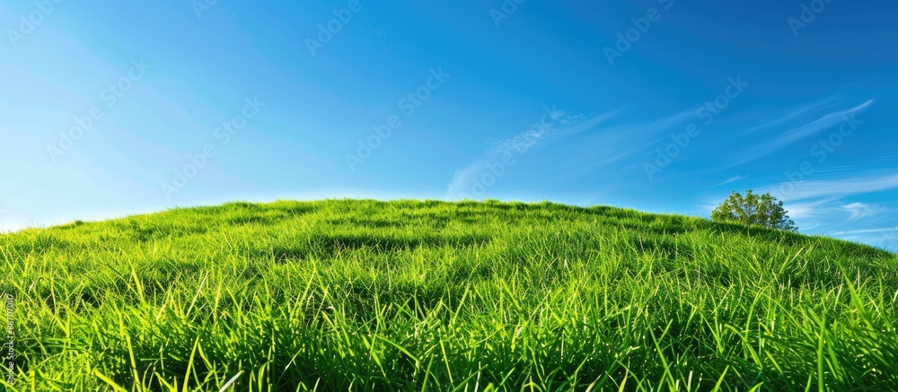 Wall mural Grassy hill and clear blue sky make for a perfect summer backdrop for posters, cards, or banners