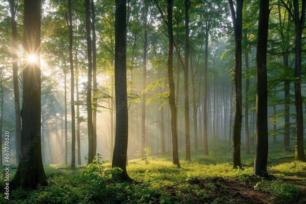 Aufkleber A tranquil forest scene at dawn, with sunlight filtering through trees and mist creating a serene atmosphere. Generative AI