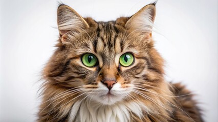 Fototapeta premium Adorable whiskered feline friend with bright green eyes and soft fur posed cutely against a clean white plain background.