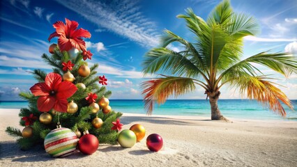 Obraz premium Serene tropical Christmas scene with decorated palm tree, festive hibiscus flowers, beach balls, and ornaments on sun-kissed white sand.