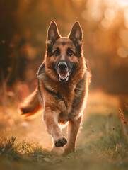 Full body shot of a German Shepherd, happily running in the soft sunlight.