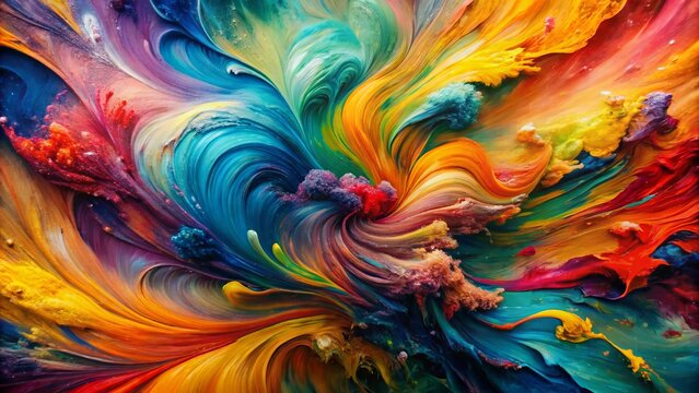 Vibrant abstract artwork featuring thick, layered paint in diverse colors and textures, evoking dynamic energy and visual tension.