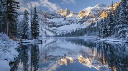 A serene alpine lake surrounded by pine trees, with snow-covered peaks reflecting in the water.