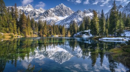 A serene alpine lake surrounded by pine trees, with snow-covered peaks reflecting in the water.