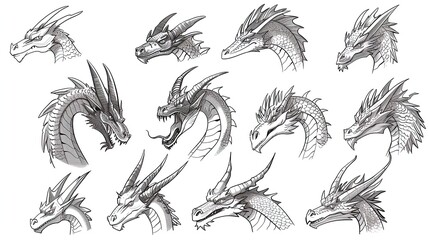 Fototapeta premium Collection of various dragon head illustrations in black and white. Detailed fantasy dragon sketches. Mythical creature concept for design and print. Flat lay composition on a white background.