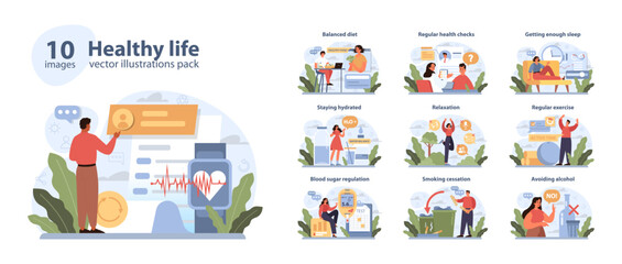 Healthy Life set. A compilation showcasing habits for wellness.