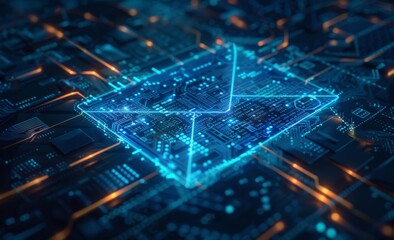 A glowing blue digital line enveloping the symbol of an envelope, representing online cyber sending and receiving. 