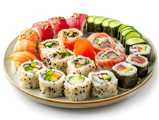 Delightful Sushi Rolls Platter with Assorted Fillings on White Background