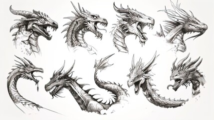 Collection of various dragon head illustrations in black and white. Detailed fantasy dragon sketches. Mythical creature concept for design and print. Flat lay composition on a white background.