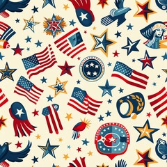 Patriotic seamless pattern with American flags, stars, and symbols.  Perfect for Independence Day celebrations, backgrounds, and designs.