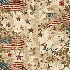 Patriotic seamless pattern with distressed American flags, stars, and birds on a beige background.  Perfect for 4th of July crafts or home decor.