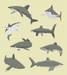 Naklejka premium Shark Oceanic Whitetip Fish Various Poses Cartoon Character