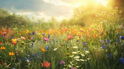 A meadow filled with wildflowers of different colors under a bright summer sun