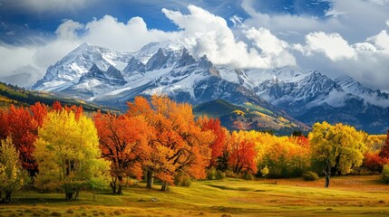 A mountain range with autumn colors at the base and snow at the peaks