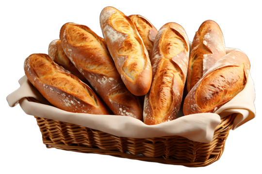 Baguette in basket bread food Isolated on transparent background