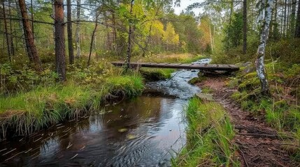 A narrow stream flowing through a forest with a wooden bridge in the distance