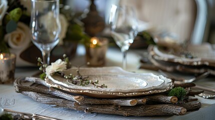 Delicately handcarved serving platters made from tree branches adding a unique and whimsical touch to the setup.
