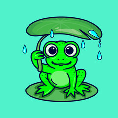 vector illustration of a frog taking shelter using a lotus leaves, cartoon style design