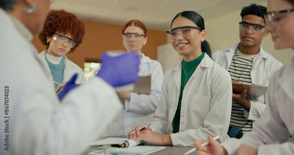 Poster teacher, students and question in science classroom for education, experiment and learning. teenager