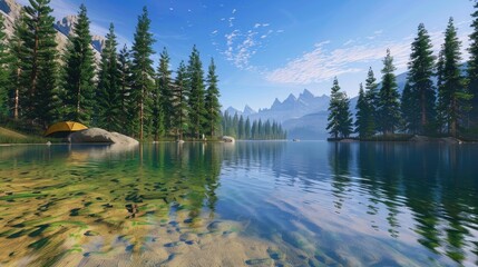 Fototapeta premium A serene campsite on the edge of a clear, reflective lake surrounded by towering pine trees and a distant mountain range.