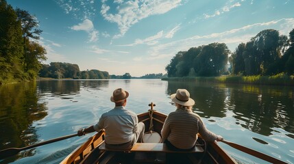 Retired Couple Enjoying Serene Boat Ride on Tranquil River with Scenic Nature Surroundings