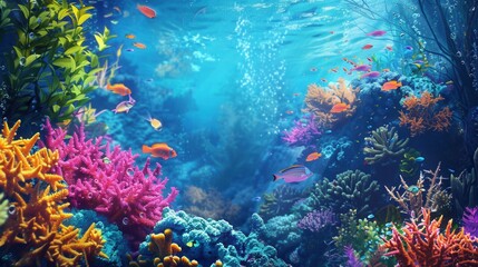 A colorful underwater scene showcasing vibrant coral reefs, exotic fish, and other sea creatures. Perfect for diving centers and marine aquariums. Generative AI